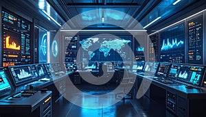 Futuristic Command Center with Global Map and Data Displays
