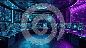 Futuristic command center with glowing data screens and cyber security monitoring