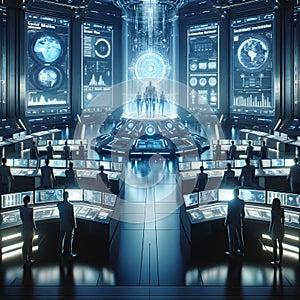 Futuristic Command Center with Hologram and Operators Monitoring Celestial Data