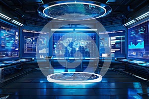 Futuristic Command Center with Interactive Displays and Central Control Panel
