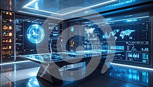 Futuristic Command Center with Interactive Holographic Displays