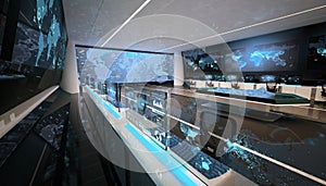 Futuristic command center interior, big displays, holographic interactive table, world map
