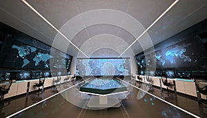 Futuristic command center interior, holograms and big screens