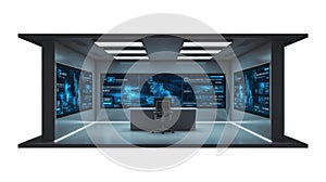 Futuristic command center with multiple digital screens displaying data and global maps