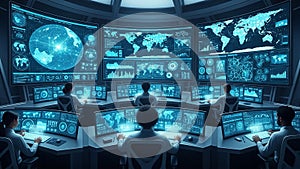 Futuristic command center with multiple large screens displaying global data technology