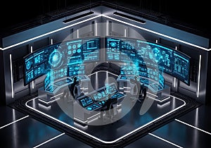 Futuristic Command Center with Multiple Monitors and Operators