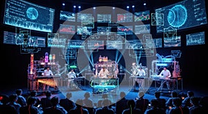 Futuristic command center with multiple screens displaying data and graphics