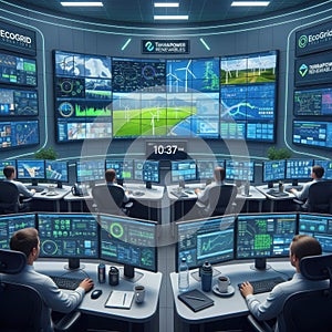 Futuristic command center with multiple screens and operators