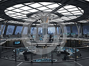 Futuristic command center with panoramic windows overlooking a cityscape and multiple workstations