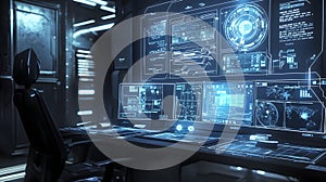 Futuristic command center sci-fi environment digital interface high-tech space perspective view technology innovation