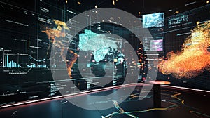 Futuristic command center showing world map and data visualization