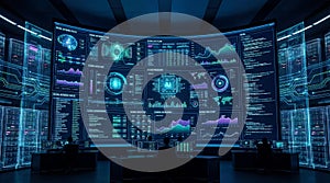 Futuristic Command Center with a Wall of Digital Screens Displaying Complex Data Analytics