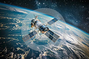 Futuristic communication satellite orbiting earth for online connectivity and gps data transmission