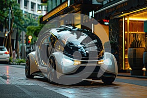 Futuristic compact size electric car parked on a street. Automotive industry