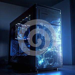 Futuristic, computer case and server technology machine with power for digital processing, circuit or motherboard. Ai