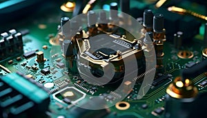 Futuristic computer chip, complex circuit board, working in harmony generated by AI