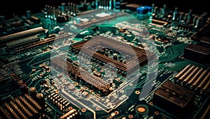 Futuristic computer chip controls complex data, powering technology progress generated by AI