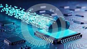 A futuristic computer chip with a glowing blue data stream