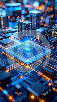 Futuristic computer chip with glowing circuits and data processing visualization