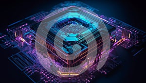 Futuristic computer chip glows blue on circuit board, digitally generated image generated by AI