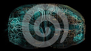 Futuristic computer chip orders data, digitally generates abstract brain generated by AI