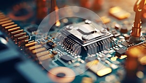 Futuristic computer chip, part of complex circuit board, working efficiently generated by AI