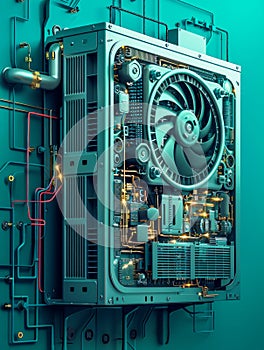 Futuristic Computer Circuit Board with Cooling Fan on Blue Mechanical Background 3D Illustration of High Tech Electronic Hardware