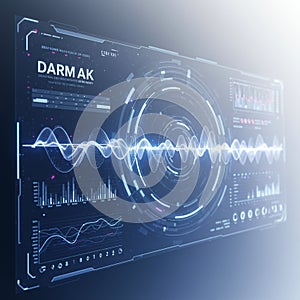 Futuristic computer display featuring a glowing waveform at the center, surrounded b