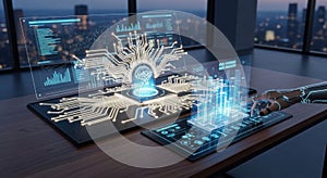 A futuristic computer interface on a desk in a modern office