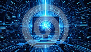 Futuristic Computer Interface With Digital Circuit Background Representing Data Technology