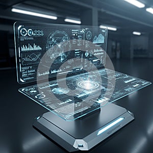 Futuristic computer interface in a dimly lit room. A holographic display projects