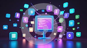 Futuristic Computer Interface with Floating Icons and Code Display