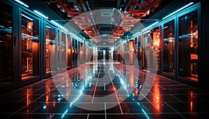 Futuristic computer lab network server, data, technology, computer equipment generated by AI