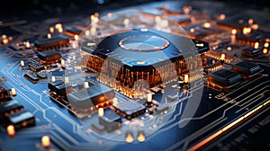 Futuristic computer and microchips with processors and transistors for artificial intelligence. AI generated