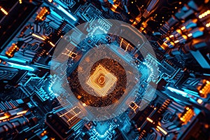 Futuristic computer microprocessor core with intricate design. A powerful processor chip on a mega computer