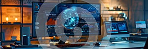A futuristic computer monitor displaying an abstract network monitoring dashboard with swirling patterns and real-time