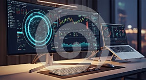 Futuristic computer monitor displaying complex data and futuristic interface white background