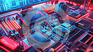 Futuristic computer motherboard with glowing neon lights and electronic components in cyberpunk style. Concept of high-tech