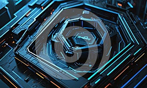 futuristic computer processor with blue and orange lights