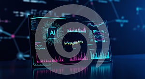 A futuristic computer screen display features data visualizations, such as bar charts