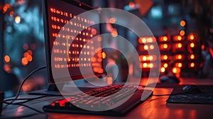 Futuristic Computer Screen Displaying Red Binary Code and Neon Lights