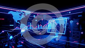 A futuristic computer screen displays global data and graphs