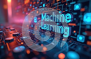 Futuristic computer screen displays Machine Learning text, holographic information, innovative visuals. AI technology, digital