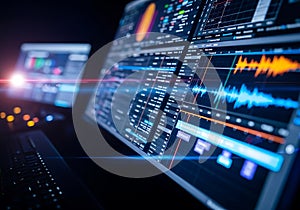 Futuristic computer screens displaying complex data and audio waveforms