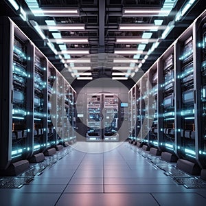 futuristic computer server room with rows of blinking lights and racks of equipment.