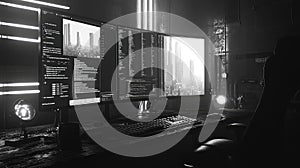 Futuristic computer setup coding in urban cityscape