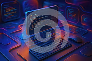 Futuristic computer setup with glowing code on screen and AI interface technology coding