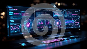 Futuristic computer setup with multi-monitor display and vibrant data visualizations