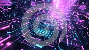 Futuristic computing data processing on a vibrant circuit board