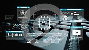 Futuristic Concept of AI Agents with Digital Interface, Data Visualization, and Keyboard Interaction for Technology and
